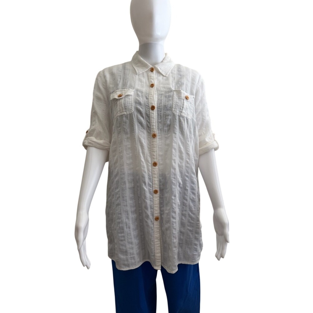 Croft Borrow White Textured Gauze Tunic Button-Up Cover up Shirt